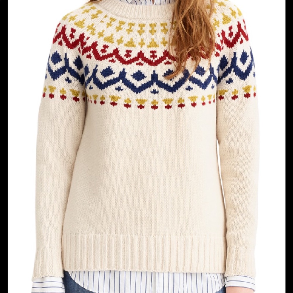 J. Crew Cream Sweater with Red, Blue, and Yellow Pattern
